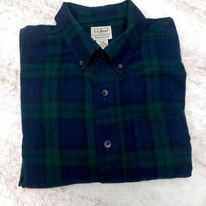 LL Bean Chamois Scotch Plaid Flannel Shirt L/S Button Down Green Navy Men L REG